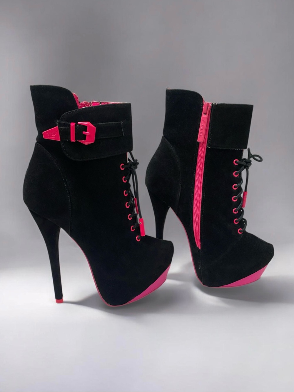 Sheikh Y2K Black Cyber Rave Faux Suede Lace Up Boots with Pink Accents